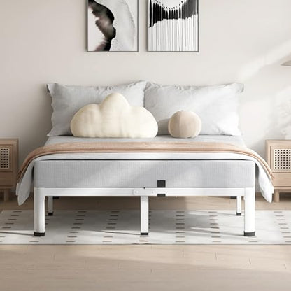 18 Inch White Queen Bed Frame with Round Corners No Box Spring Needed | 3500lbs Heavy Duty, Under bed storage, 4 mattress stoppers, Headboard holes, Noise-free, Easy assembly & rubber covers - size: Queen, style: 10 Inch White
