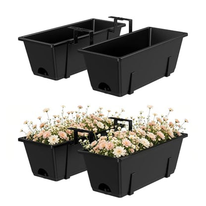 Railing Planter Box Adjustable Window Boxes Planters Set of 2, Black | Hanging Balcony Planters with Removable Bracket, Outdoor Plastic Flower Pots for Fence, Deck Railing, Porch, Patio Garden - color: Black
