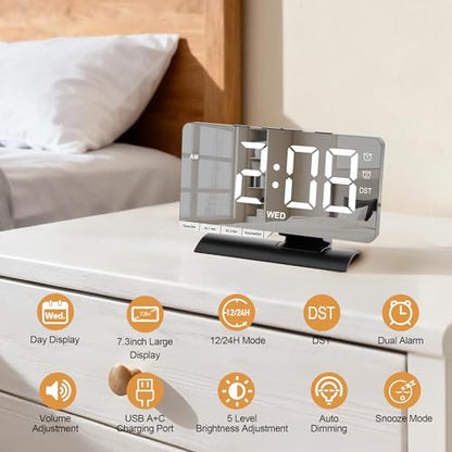 Digital Clock,Alarm Clock Bedside,7.3'' Large LED Mirror with Date Display,Dual Alarm with 3 Mode,Brightnee Adjust,DST,Snooze Function,USB C Charging Port,5 Levels Volume for Desk Bedroom Teens - color: Black