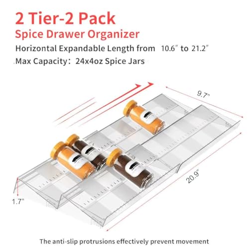 2-Tier Non-Slip Spice Drawer Organizer, 2-Pack Checkered Frosted Clear Acrylic, Expandable (11''-22'') Spice Rack for Kitchen Drawer Storage – Holds Seasonings, Herbs, and Spices (Jars Not Included) - size: Spice Organizer-2 Pack-Clear