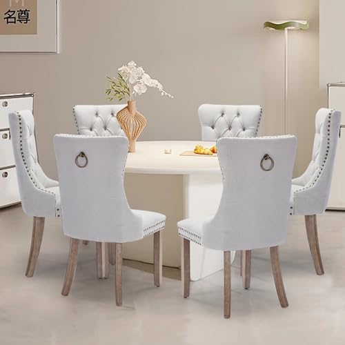 Linen Upholstered Dining Chairs Set of 6, Modern Style Kitchen Side Chairs with Nailhead Trim and Wood Leg, Metal Pulling Ring for Dining Room Living Room, Beige - color: Beige-linen, size: Set of 6