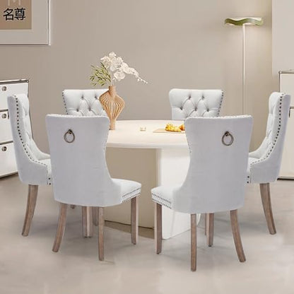 Linen Upholstered Dining Chairs Set of 6, Modern Style Kitchen Side Chairs with Nailhead Trim and Wood Leg, Metal Pulling Ring for Dining Room Living Room, Beige - color: Beige-linen, size: Set of 6