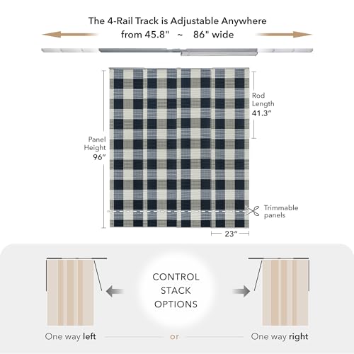 Panel Blinds 45.8"-86" x 96", Classic Navy Gingham Plaid | Natural Woven Navy Gingham Fabric with Adjustable Track, Trimmable Panels for Room Dividers and Sliding Doors - color: Navy Gingham