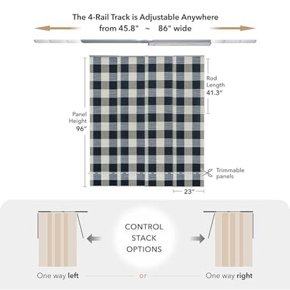 Panel Blinds 45.8"-86" x 96", Classic Navy Gingham Plaid | Natural Woven Navy Gingham Fabric with Adjustable Track, Trimmable Panels for Room Dividers and Sliding Doors - color: Navy Gingham
