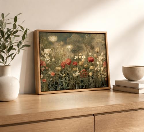 WYHLMTQ Intage Wildflower Field Canvas Wall Art - Rustic Red Poppy Floral Botanical Prints Muted Green Botanical Posters for Moody Farmhouse Bedroom Living Room Bathroom Wall Decor 12x16in - color: wildflower art, size: 12x16inFramed
