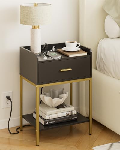 Masupu Nightstand with Charging Station,3-Tier Modern Bedside Night Stand with Storage Drawer and Shelf,Small End Side Table for Bedroom,Living Room,Gold and Black - color: Outlet-black