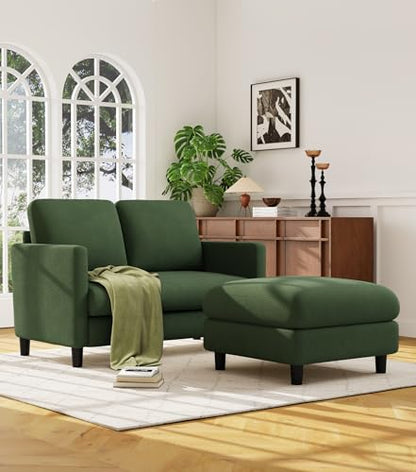 Welzona Loveseat Sofa with Ottoman, 51" Small L Shaped Teddy Couch Sofa | Comfy Teddy Fabric, Tool-free Setup, Washable Covers, All-wood Couch Sets for Living Room, Bedroom, Small Spaces, Green - color: Green, size: loveseat & ottoman