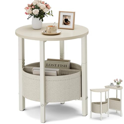 Small Round Side Table End Table, Tall Accent Table with Storage Basket, Set of 2 Half Round Tables Half Moon Tables, Coffee Bedside Tables, Modern Nightstand for Living Room Bedroom, Cream - color: Cream White