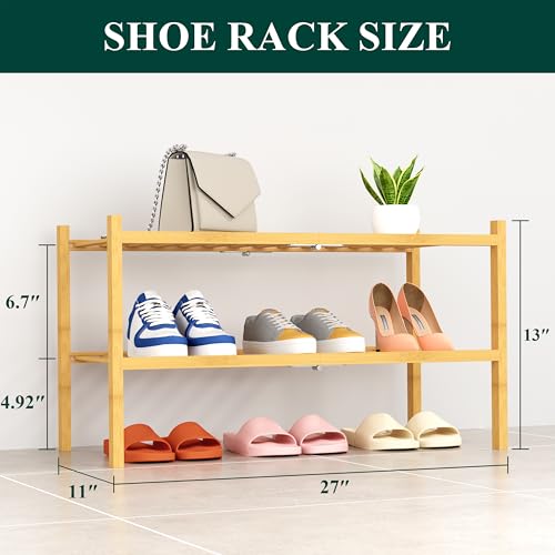 Smiry Bamboo Shoe Rack, 14 Vertical Slats, 2 Tier - 26.8" Wide, Natural | Stackable Free Standing Wooden Shoe Organizer, Wood Shoe Storage Shelf for Closet, Entryway, Thicher Leg - color: Natural, size: 26.80" Wide - 2 Tier - Thicker