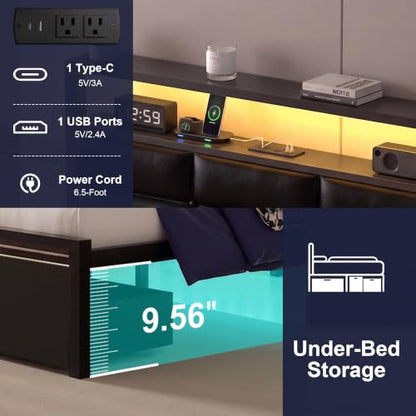 Full Bed Frame with 2 Storage Drawers, LED Lights & Charging Station, Upholstered Headboard with Shelves, Heavy Duty Metal Platform, No Box Spring Needed, Noise Free, Easy Assembly - size: Full