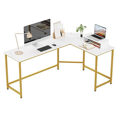L Shaped Computer Desk with Monitor Stand Reversible White and Gold | Reversible Modern Corner Desk for Home Office Sturdy PC Workstation Study Writing Table