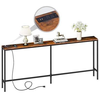 SUPER DEAL 70.8 Inch Narrow Console Table with Power Outlet, Industrial Long Sofa Table with USB Ports Behind Couch Table for Entryway, Hallway, Foyer, Living Room, Rustic Brown