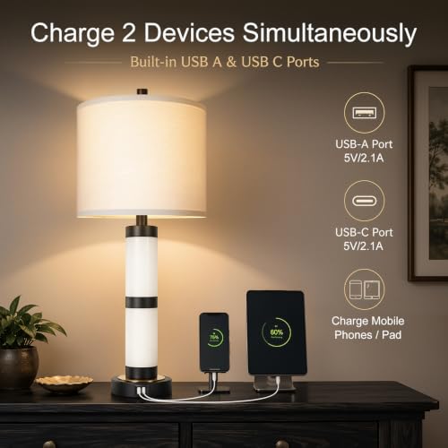 KIVDITZO Alabaster Table Lamps Set of 2 with Night Light with USB A&C Ports | Nightstand Lamp, USB Ports, Alabaster Night Light, Modern Bedside Table Lamp, Bulbs Included, for Bedroom Living Room Office - color: Pure White