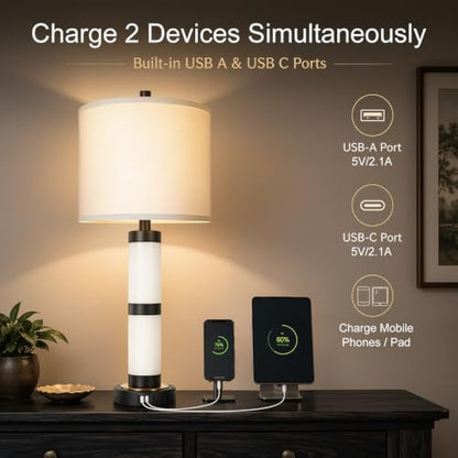 KIVDITZO Alabaster Table Lamps Set of 2 with Night Light with USB A&C Ports | Nightstand Lamp, USB Ports, Alabaster Night Light, Modern Bedside Table Lamp, Bulbs Included, for Bedroom Living Room Office - color: Pure White