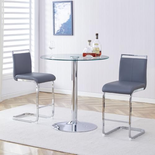 gopop 3 Piece Dining Table Set for 2, Modern Round Glass Counter Height Pub Table, Compact High Top with Bar Stools Pub Dining Set for Kitchen, Breakfast Room, Dining Room. (Grey, 3 Piece) - color: Grey