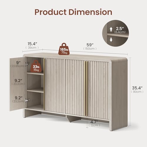 59" Fluted Sideboard Buffet Cabinet with Storage, White Alder | Modern Credenza Console with 4 Doors & Adjustable Shelves, Wood Coffee Bar for Kitchen, Living Room, Entryway