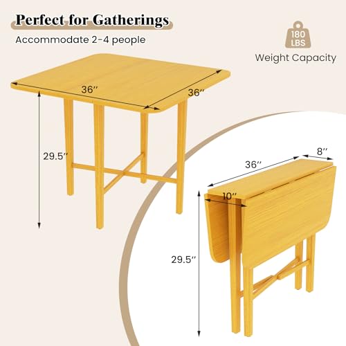 COSTWAY Square Drop Leaf Dining Table, 36" Compact Folding Kitchen Table | Solid Rubber Wood Legs, Farmhouse Extendable Table for for 2-4 People, Dining Room, Small Space, Apartment, Natural - color: Natural