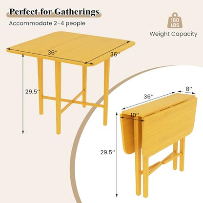 COSTWAY Square Drop Leaf Dining Table, 36" Compact Folding Kitchen Table | Solid Rubber Wood Legs, Farmhouse Extendable Table for for 2-4 People, Dining Room, Small Space, Apartment, Natural - color: Natural