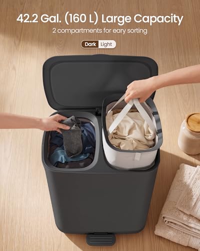 SONGMICS Laundry Basket with Lid, 42.2 Gallons, 2-Compartment Laundry Hamper with Handle and Pedal, Removable Liner, Easy Assembly, 22 x 18.5 x 29.5 Inches, Slate Gray ULCB832B101 - color: Slate Gray