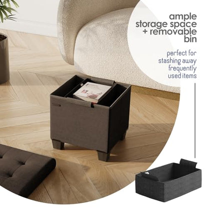 Storage Ottoman Cube with Small Bin, 15-in Square Ottoman with Storage for Living Room and Bedroom, Small Ottomans Foot Rest, Fabric Foot Stools Ottomans Max 330lbs, Brown - color: 06 - Brown