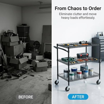 Finnhomy 3 Tier Heavy Duty Commercial Grade Utility Cart, Wire Rolling Cart with Handle Bar, Steel Service Cart with Wheels, Kitchen Carts on Wheels, Metal Cart Shelf Size 18" D x 36" W, NSF, Black - size: 36"L x 18"W x 35.4"H-3 Tier, style: Black Cart