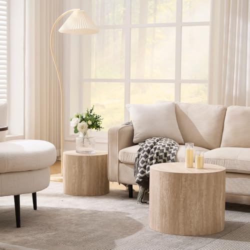 Ya-Home Modern Round Coffee Tables Nesting Table, Wood Set of 2 End Table Side Table for Living Room Balcony Office, No Assembly Required - color: Travertine