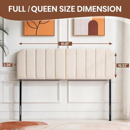 Upholstered Headboard Adjustable Height Queen/King Headboard Velvet Tufted Modern Headboards Easy Assemble Channel Stitched Headboard(Cream Queen) - color: Cream, size: Queen