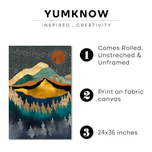 Boho Wall Art for Bedroom - Large Oversize Unframed Rolled Canvas 24x36 Living Room - Modern Boho Moody Room Decor - Texured Metallic Mountain Moon Sun - Emerald Green Marble Golden Nature Tree Forest - size: 24"L x 36"W