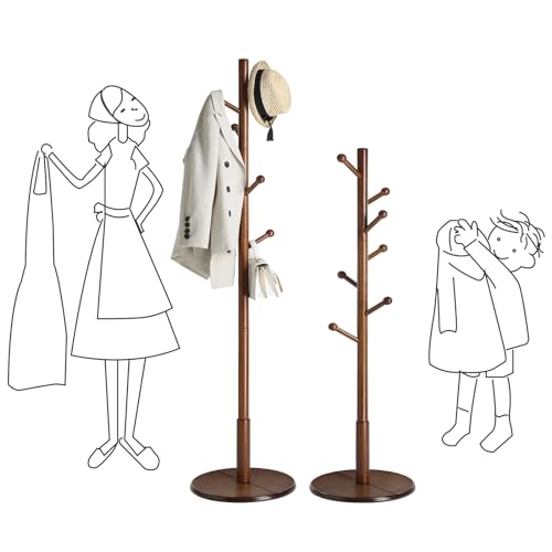 VASAGLE Solid Wood Coat Rack, Free Standing Hall Coat Tree with 7 Hooks, 3 Height Options, for Coats, Hats, Bags, Purses, for Entryway, Hallway, Rubberwood Hooks and Pole, Dark Walnut URCR07WN - color: Dark Walnut, style: Round Base + Spherical Hooks