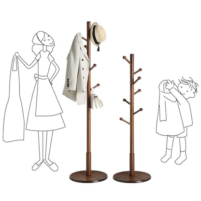VASAGLE Solid Wood Coat Rack, Free Standing Hall Coat Tree with 7 Hooks, 3 Height Options, for Coats, Hats, Bags, Purses, for Entryway, Hallway, Rubberwood Hooks and Pole, Dark Walnut URCR07WN - color: Dark Walnut, style: Round Base + Spherical Hooks