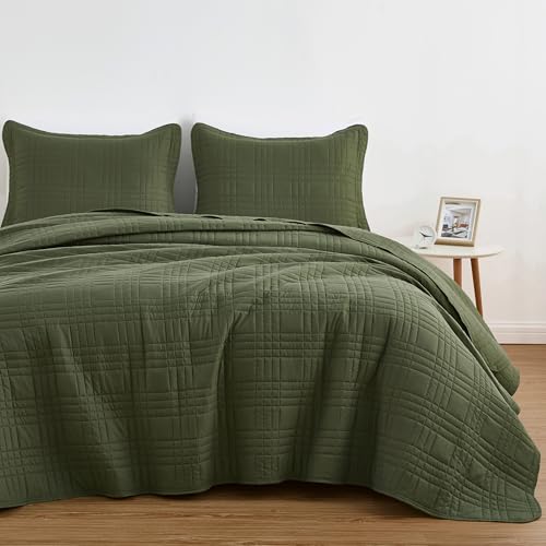 Chezmoi Collection Kingston Queen Size Bedspread Set, 3-Piece Olive Green Oversized Quilted Microfiber Lightweight Bedspread Coverlet (100"x106") for All Seasons - color: Olive Green, size: Queen