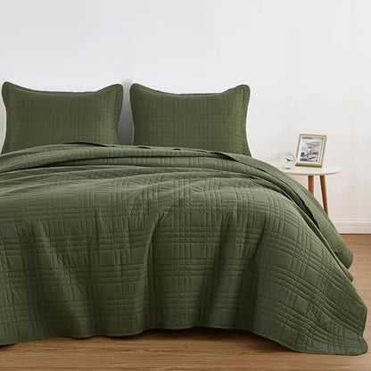 Chezmoi Collection Kingston Queen Size Bedspread Set, 3-Piece Olive Green Oversized Quilted Microfiber Lightweight Bedspread Coverlet (100"x106") for All Seasons - color: Olive Green, size: Queen