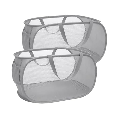 Collapsible Laundry Hamper Basket,Pop Up Mesh Foldable Bag for Laundry Room | folding horizontal laundry durable baskets with handles & side pocket travel for bathroom,Kids room,college dorm(Double Grey) - color: Double Grey