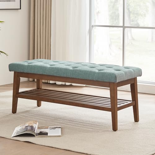 HUIMO Upholstered Entryway Shoe Bench, Button Tufted End of Bed Bench, Teal | with Solid Wood Slatted Shelf, Padded Ottoman Bench for Bedroom, Living Room, Entryway - color: Teal, style: French Country