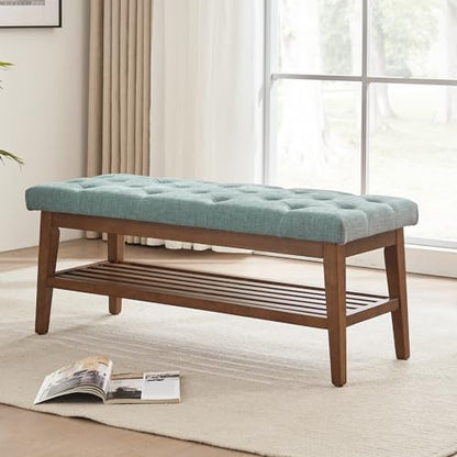 HUIMO Upholstered Entryway Shoe Bench, Button Tufted End of Bed Bench, Teal | with Solid Wood Slatted Shelf, Padded Ottoman Bench for Bedroom, Living Room, Entryway - color: Teal, style: French Country
