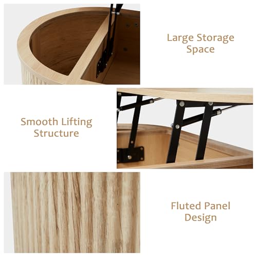 QHITTY Fluted Coffee Table with Lifting Top, Oval Wood Lift Top Coffee Table with Hidden Compartment, Mid Century Pull up Center Tables for Living Room, Office - Natural - color: Round Table-natural