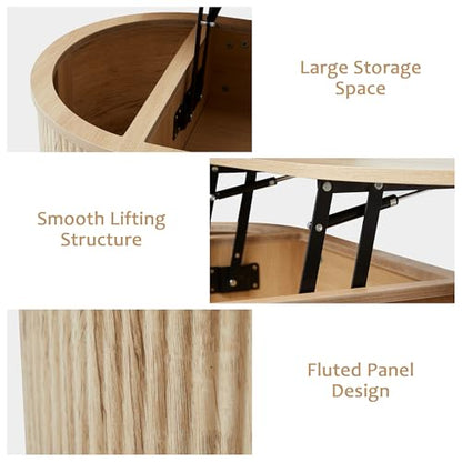 QHITTY Fluted Coffee Table with Lifting Top, Oval Wood Lift Top Coffee Table with Hidden Compartment, Mid Century Pull up Center Tables for Living Room, Office - Natural - color: Round Table-natural