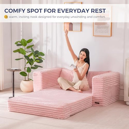 MAXYOYO Convertible Sofa Bed, Pull-Out Loveseat Couch Bed for Small Space | 2 in 1 Folding Couch Bed with Large Back Pillow, Plush Faux Fabric Lounge Couch for Living Room, Apartment, Pink - color: Pink