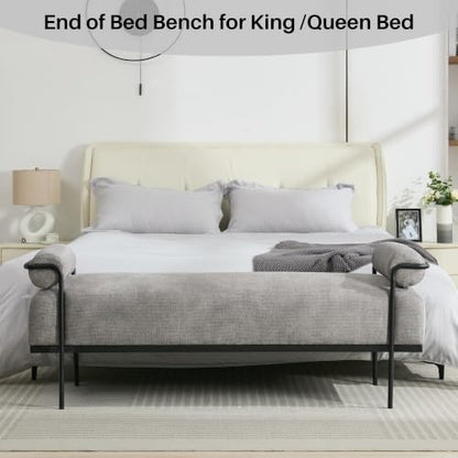 SOFTHION 61.2" End of Bed Bench, Chenille Upholstered Entryway Bench, Grey | Modern Upholstered Bench Ottoman, Footrest Stool with Sturdy Metal Frame and Legs for Living Room/Foyer/Mudroom/Hallway - color: Grey