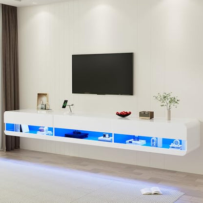 St.Mandyu Floating LED TV Stand for TVs Up to 100 inch, 94.5 inch Modern Entertainment Center with Led Lights & Power Outlet, Wall Mounted Hanging Media Console for Living Room, White - color: White