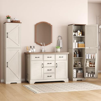 Function Home Farmhouse 주방 식료품 저장실 캐비닛, 162.6cm(64인치) 높이 슬림 욕실 보관 캐비닛, 헛간 문과 조절 가능한 선반이 있는 5단 나무 바닥 캐비닛, 다이닝 룸 거실용 앤티크 화이트 - color: 앤티크 화이트, size: 15.8"Wx11.81"Dx64"H