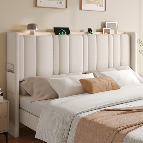 King Size Headboard with Storage, LED Light, Off White | Linen Vertical Wingback Headboard w/ Charging Station, Upholstered Head Board w/ High-Density Foam Padding, 2 Storage Pockets - color: Off-White, size: King