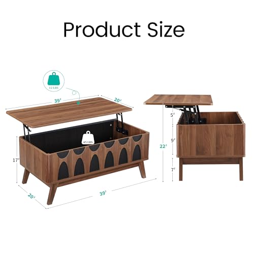 Bifins Coffee Table, Lift Top Coffee Table with Hidden Compartment | Mid Century Modern Coffee Table with Storage, Rectangular Center Table with Lift Tabletop for Living Room - color: Walnut and Black