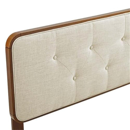 Pemberly Row Tufted Queen Headboard, 48 in x 62.5 in, Walnut Finish, Fabric Upholstery, Dense Foam Padding, Button Tufted, Rubberwood and MDF Construction, Modern Bedroom Furniture - color: Walnut and Beige, size: Queen