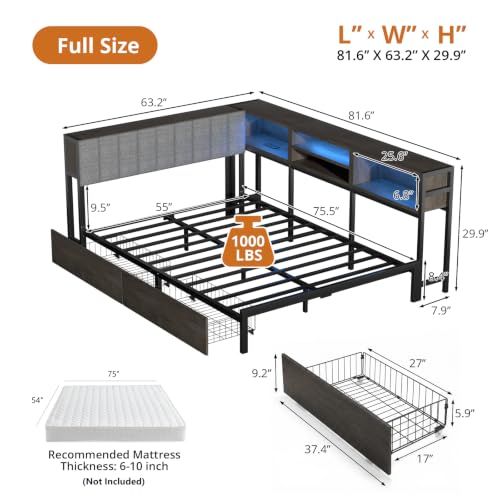 VOWNER Full Corner Bed Frame with Storage and RGB LED Lights, Grey | Upholstered Full Bed Frame with 2 Drawers and Charging Station for Kids Teens, Metal Platform Daybed for Bedroom & Guest Room