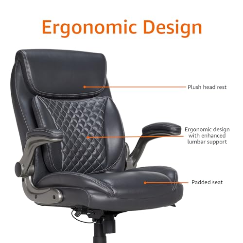 Amazon Basics Ergonomic Executive Office Chair with Adjustable Lumbar Support, Flip-up Arms, Height Adjustable, 360° Rolling Swivel, Computer Desk Chair, Grey Leather - color: Grey