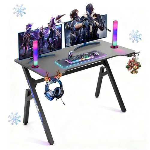 BLKMTY 47 Inch Gaming Desk R-Shaped Computer Desk with Headphone Hook and Cup Holder, Modern Gamer Desks Table for Home Office Dorm Sturdy Writing Workstation, Carbon Fiber Black, Blue - color: Blue, size: 47.2" R-shaped