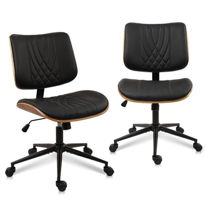 CLATINA Armless Home Office Chair, Desk Chair with Wheels, Adjustable Height Reading Chair, Leather Mid Back & Swivel Computer Chair, Modern Walnut Chairs with Back for Study Meeting Room(Black) 2Pack - color: Black Diamond-a, size: 2 Pack