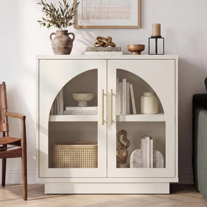 Fatmok Arched Glass Sideboard Buffet Accent Cabinet, 31.5" Display Credenza with Adjustable Shelf,1-Piece Modular Coffee Station Storage for Kitchen Living Room Bedroom, Beige(Not White) - color: D-beige
