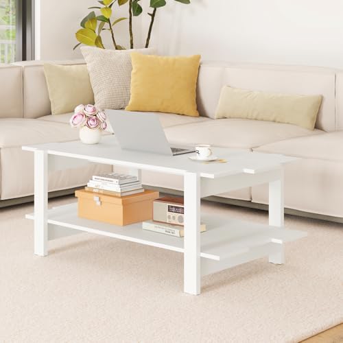 Giantex Coffee Table with Storage, 45 Inch Modern Center Table with Slatted Design & Side Rail Support, Rectangular Living Room Table for Small Spaces, White - color: White